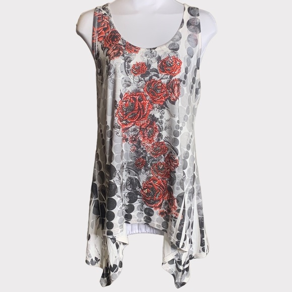 Vocal Tops - *4-4-20* VOCAL Bling Rose Handkerchief Hem Top Blouse Shirt Large